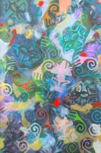 "Lloviendo ranas”, acrylic and crayon on panel, 24”x36”x1.5” © 2014 A. Michael Marzolla Price: $1650.00